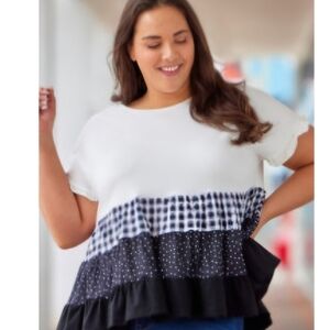 BOUTIQUE NWOT White and Black Boxy Tiered Short Sleeve Blouse